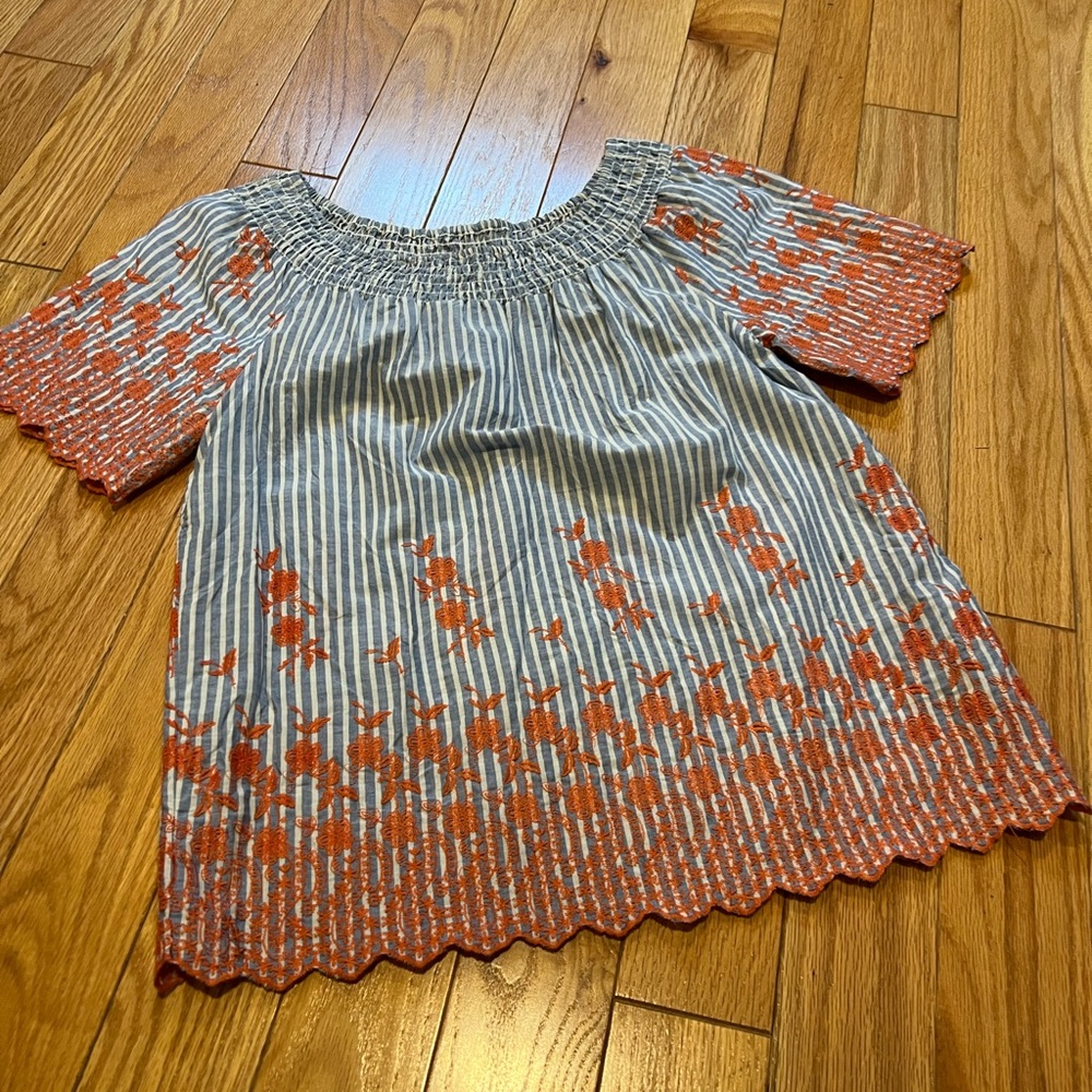 Blue and white stripe top with coral floral design
